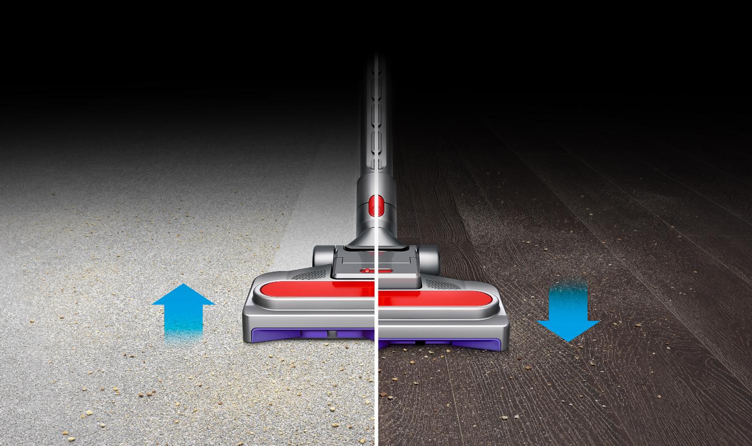 Darstellung der pneumatischen Bodendüse des Dyson Big Ball, die sich über Teppich- und Holzboden bewegt.