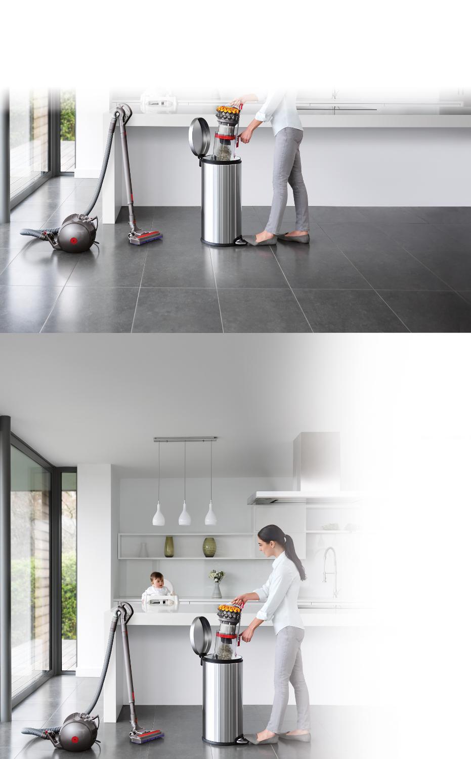 Der Dyson Big Ball Behälter wird in einen Mülleimer entleert.