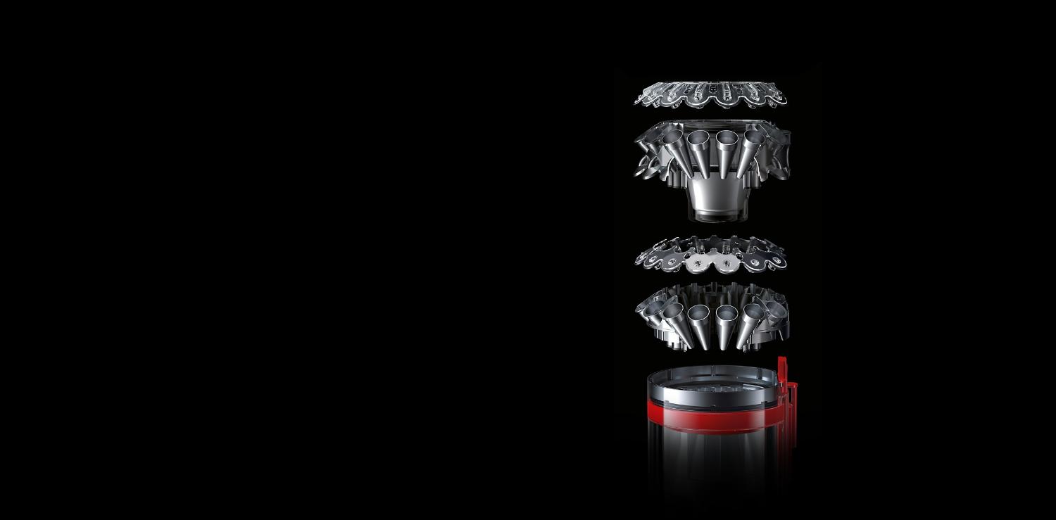 Explosionsdarstellung der 19 kompakten Radial Root Cyclones im Dyson Big Ball Staubsauger.