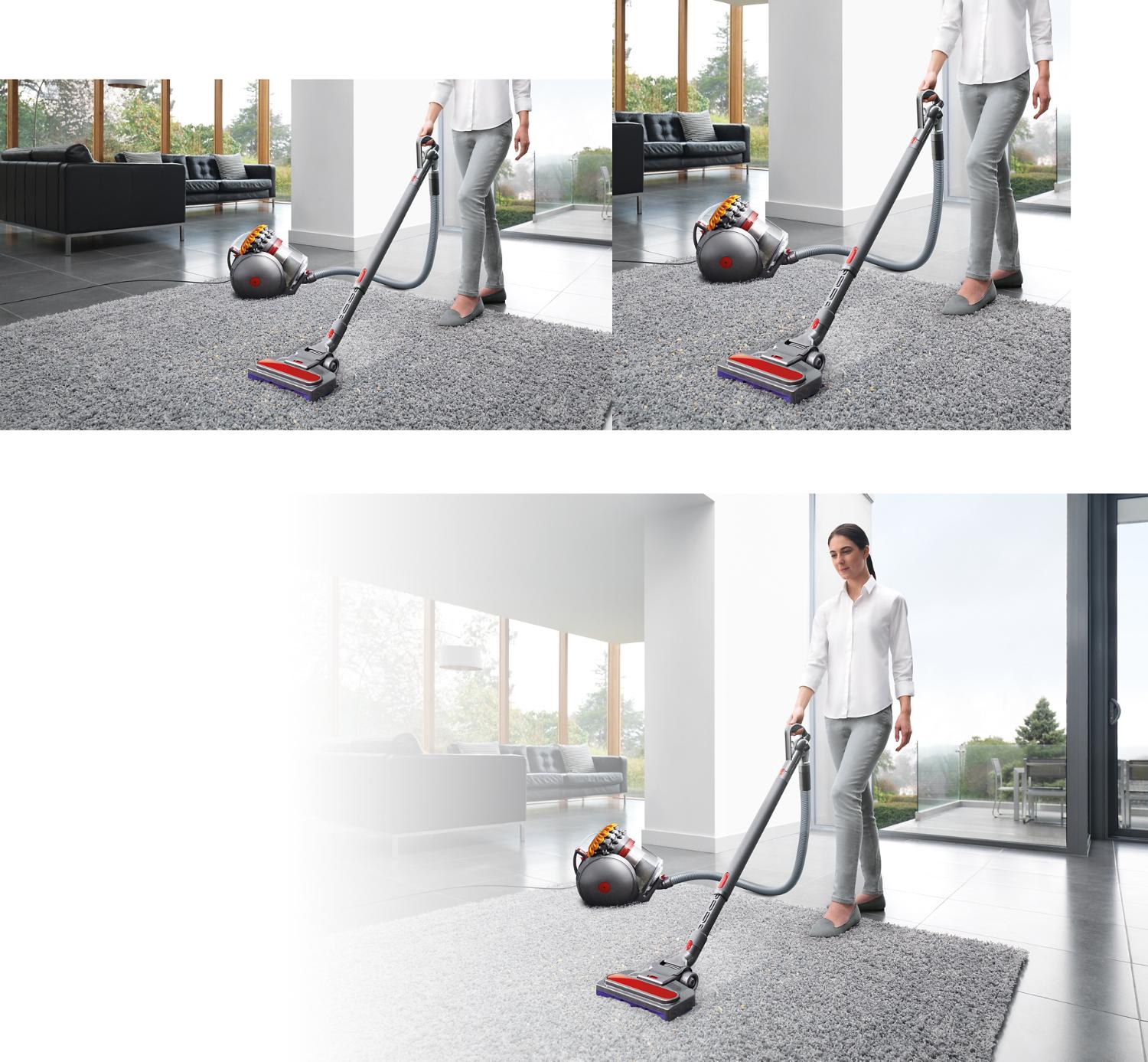 Frau verwendet den Dyson Big Ball Staubsauger, um einen grauen Teppich zu reinigen.