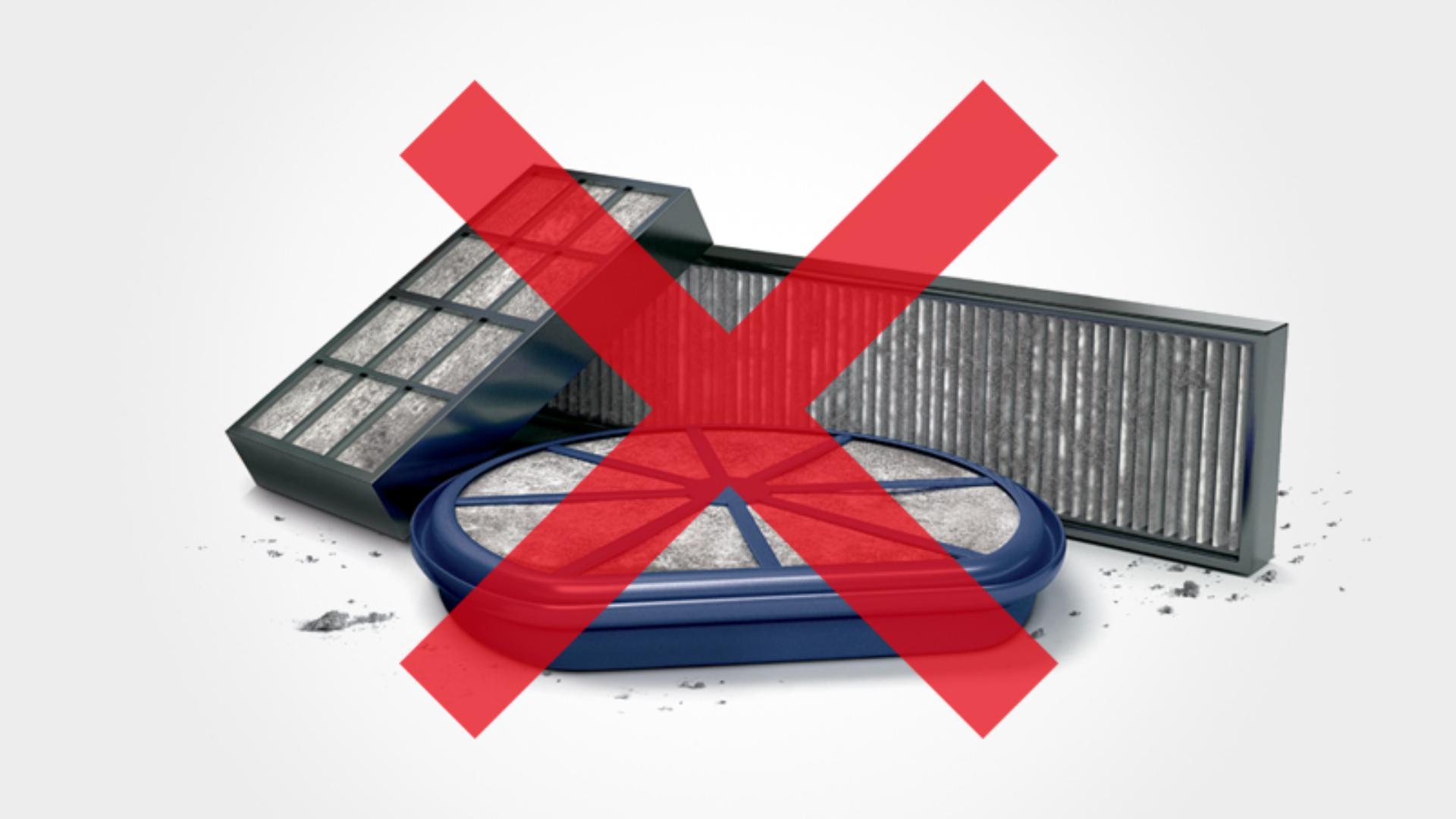 Zbliżenie na przekreślone filtry do odkurzaczy