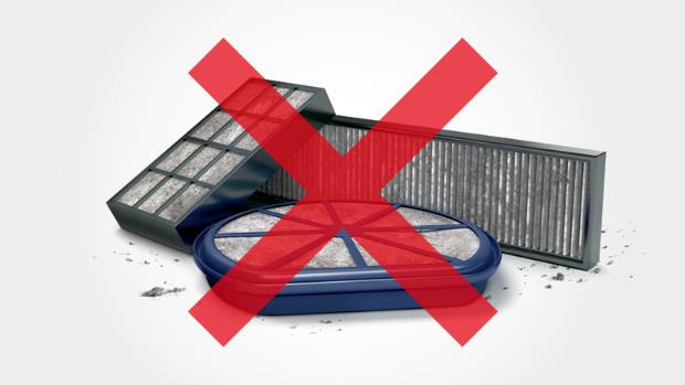 Zbliżenie na przekreślone filtry do odkurzaczy