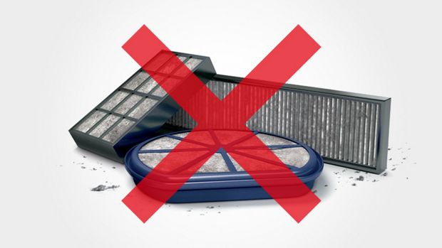 Zbliżenie na przekreślone filtry do odkurzaczy