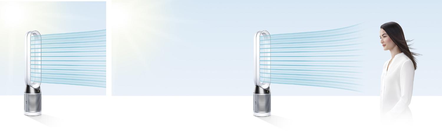 Donna che utilizza il purificatore ventilatore Dyson per rinfrescarsi