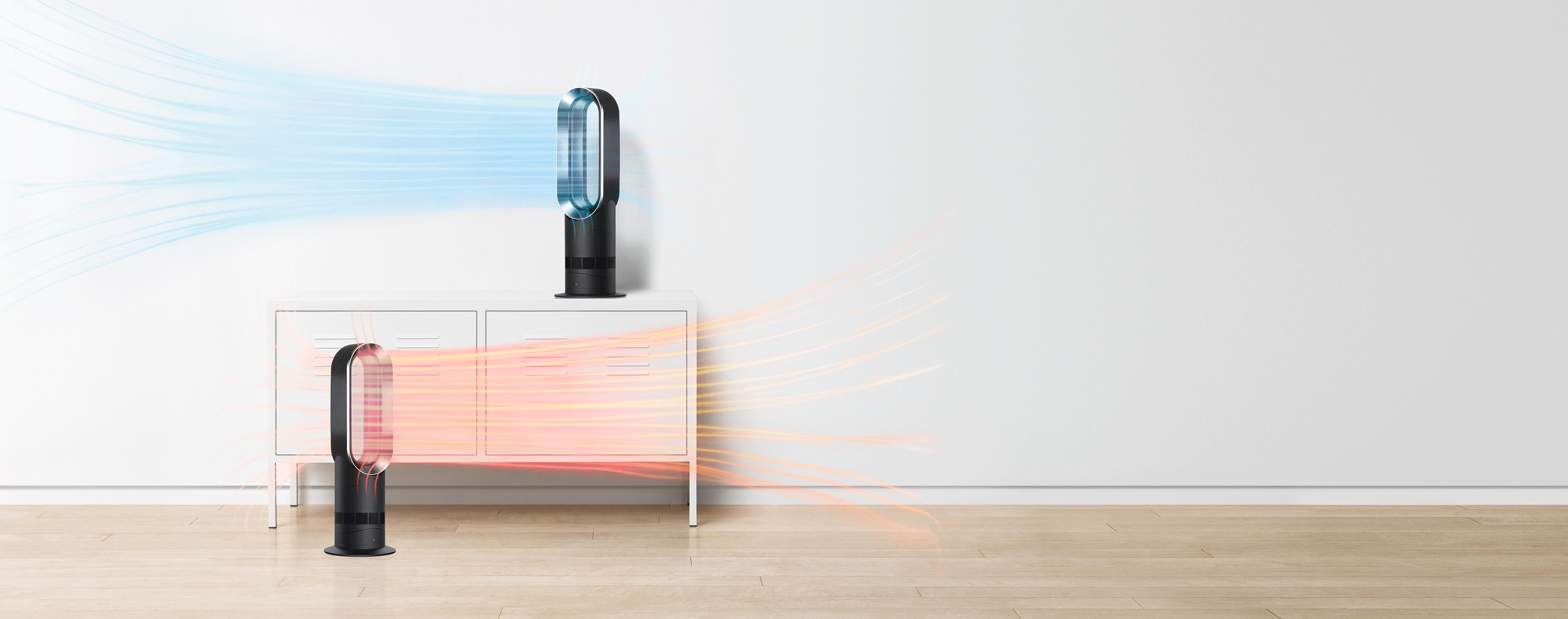  Dyson fan heaters on floor and table
