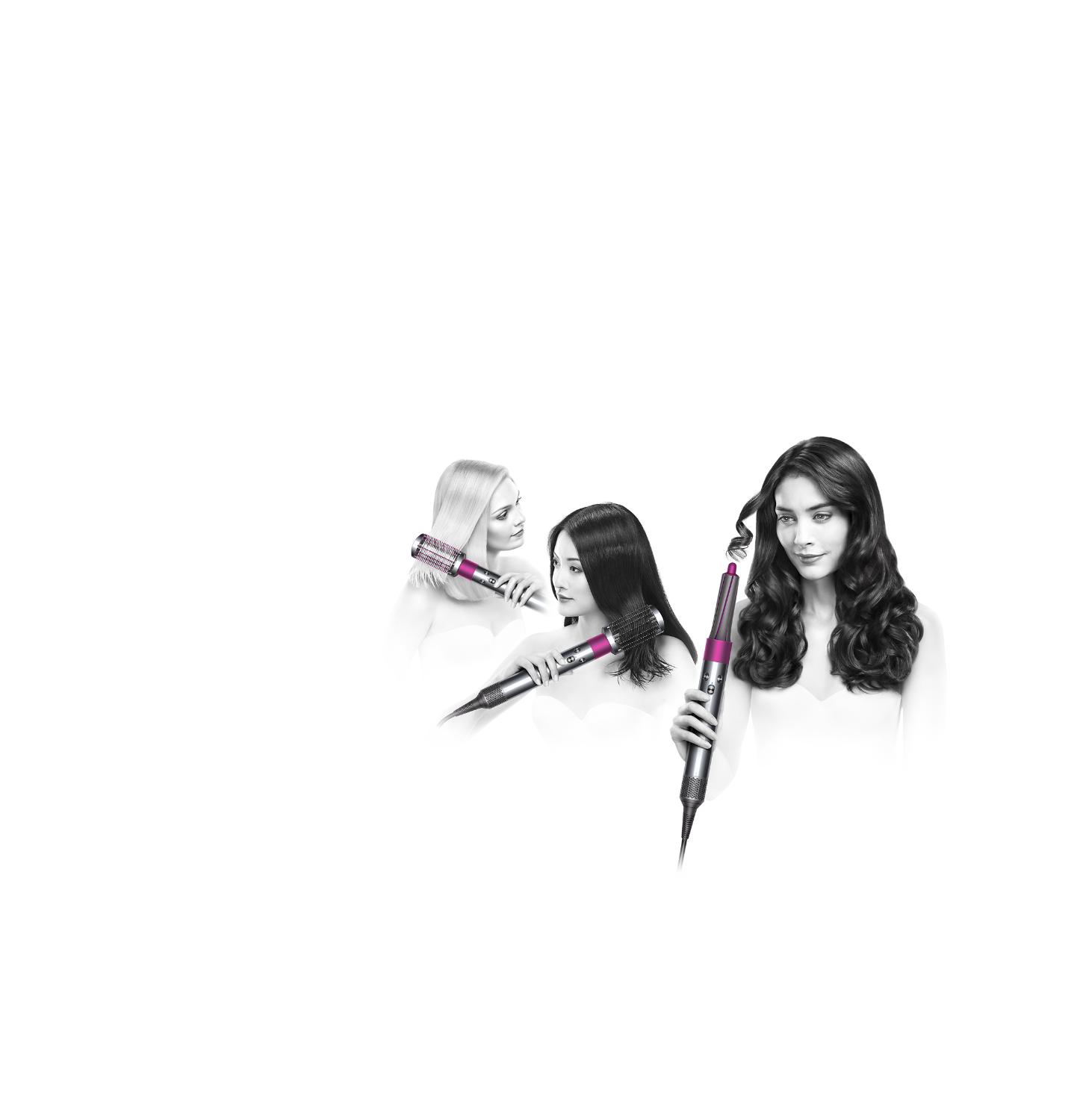 Three models using different Dyson Airwrap™ hair styler attachments