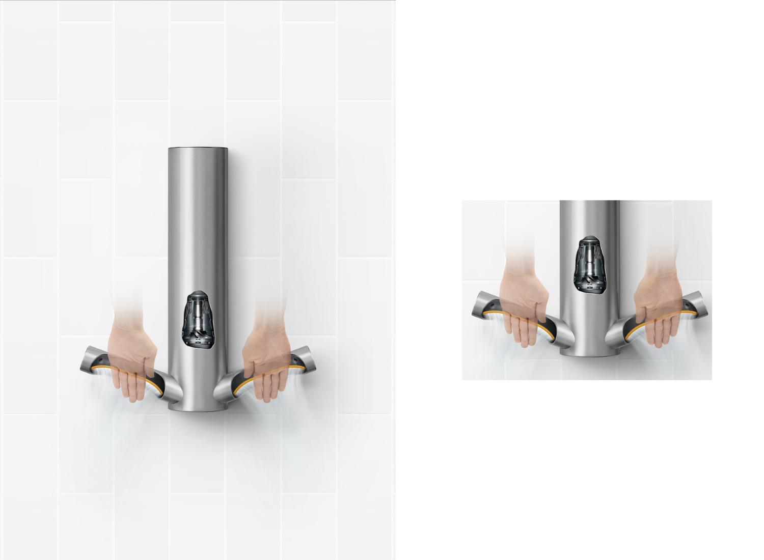 Model drying hands under the Dyson Airblade 9kJ hand dryer