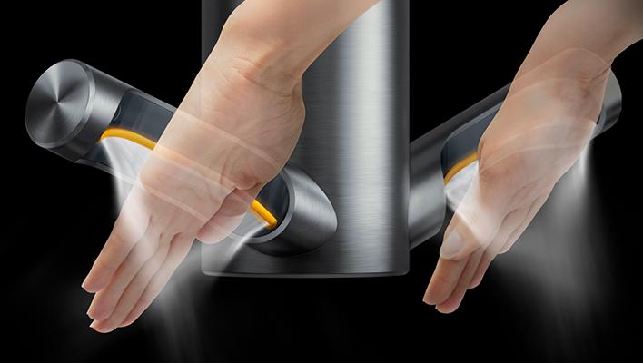 Close up of the Dyson Airblade 9kJ hand dryer's Curved Bladeᵀᴹ design.