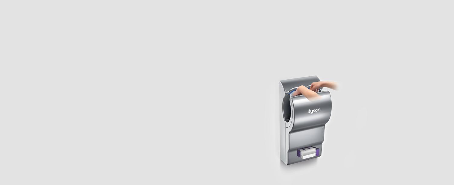 Mains entrant dans le sèche-mains Dyson Airblade dB, avec mise en évidence du filtre