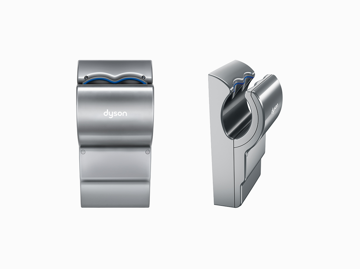 Vues de face et de profil du sèche-mains Dyson Airblade dB (gris)