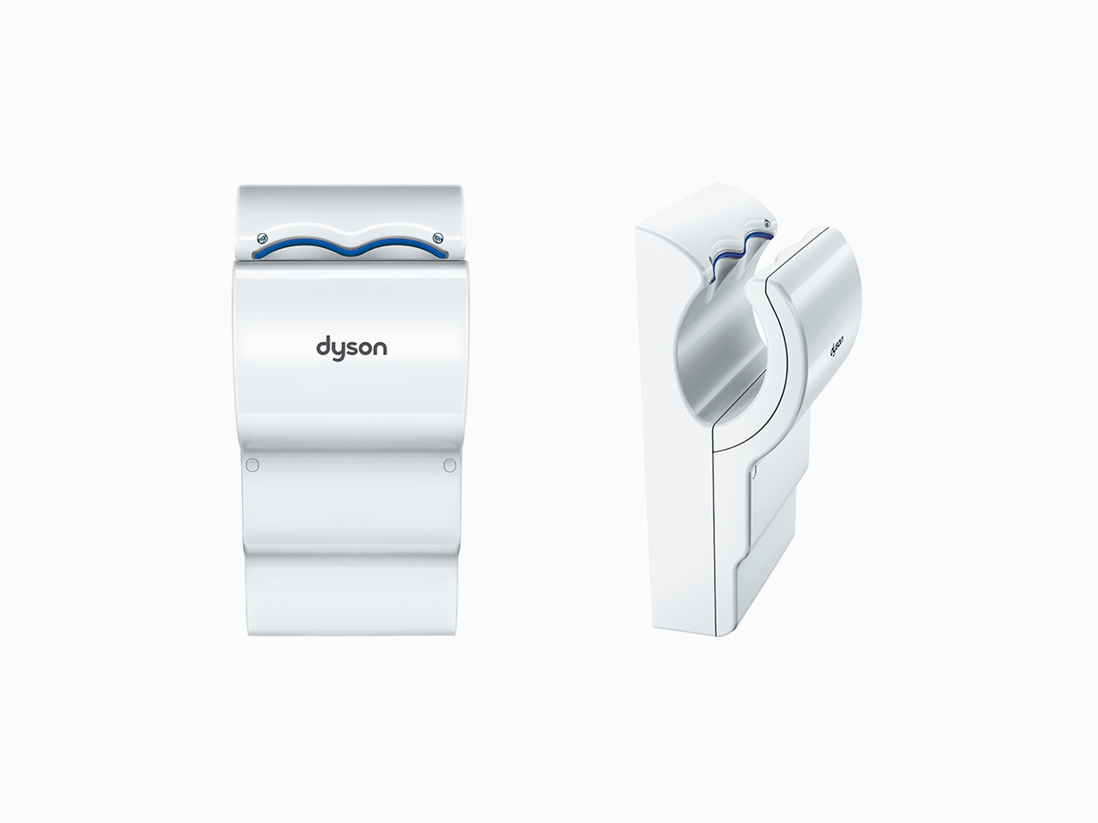 Der Dyson Airblade dB Händetrockner in Weiß in der Vorder- und Seitenansicht
