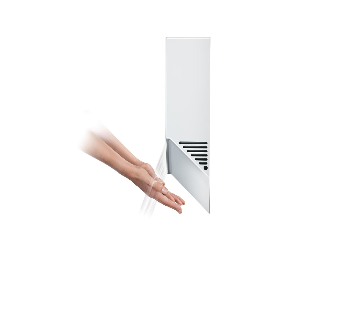 Hands under white Airblade V hand dryer