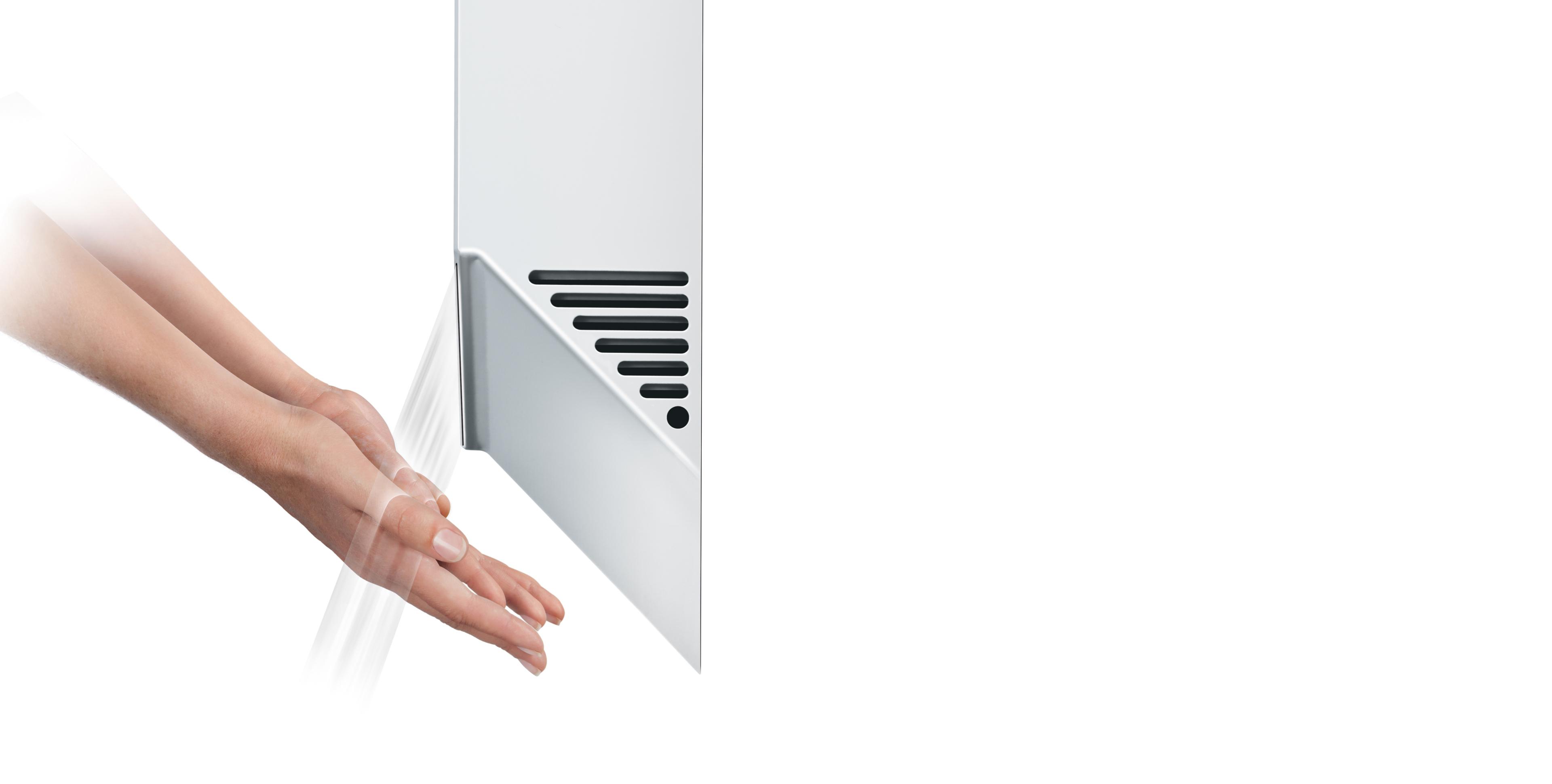 Hands under white Airblade V hand dryer