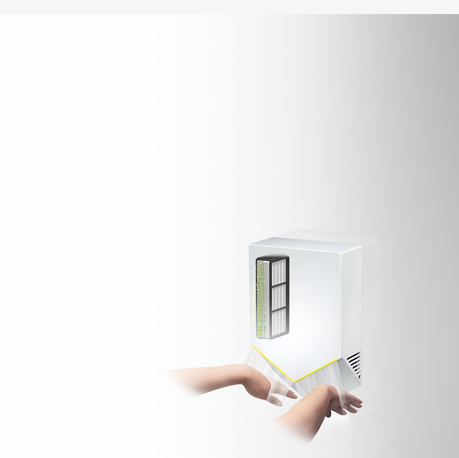 Hands under white Airblade V hand dryer