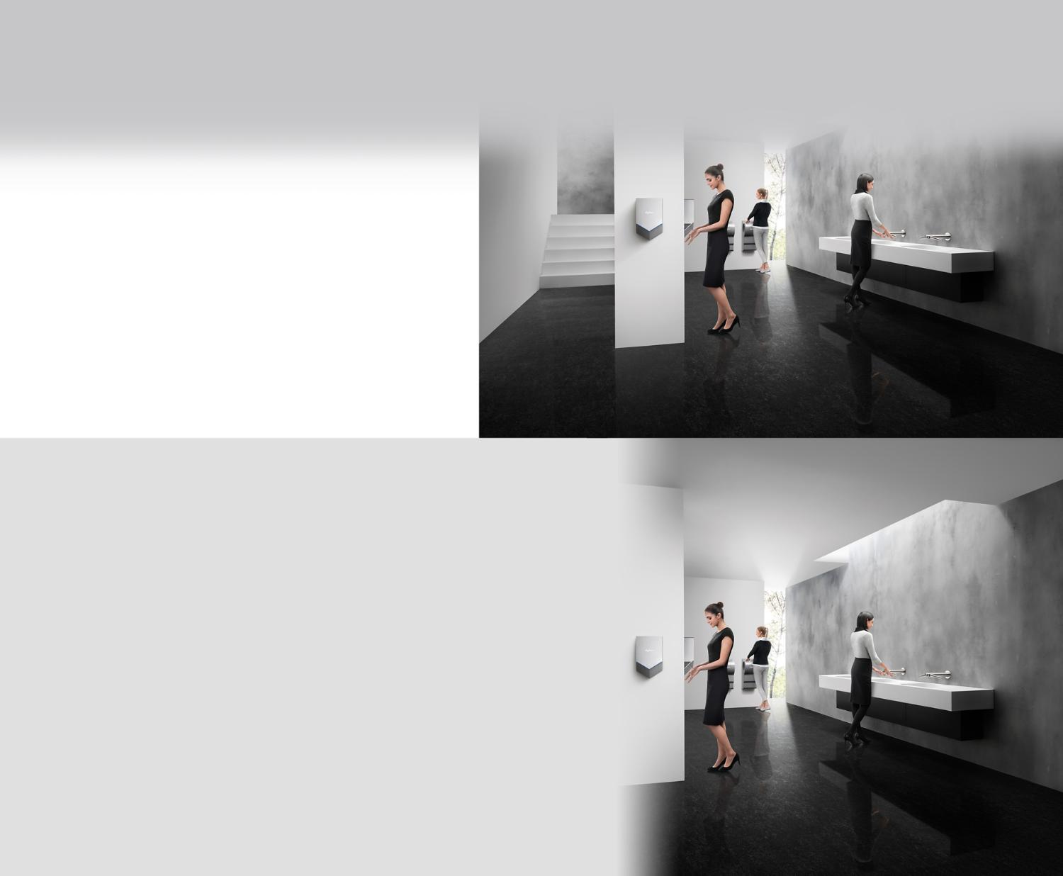 Femme utilisant le sèche-mains Dyson Airblade dans des toilettes publiques