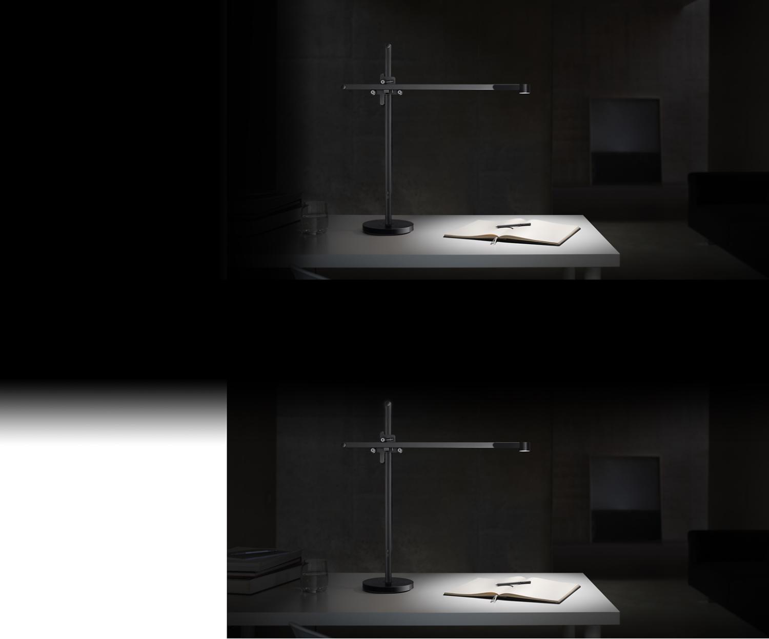 Die Dyson CSYS™ Arbeitsplatzleuchte auf einem Schreibtisch in der Dunkelheit