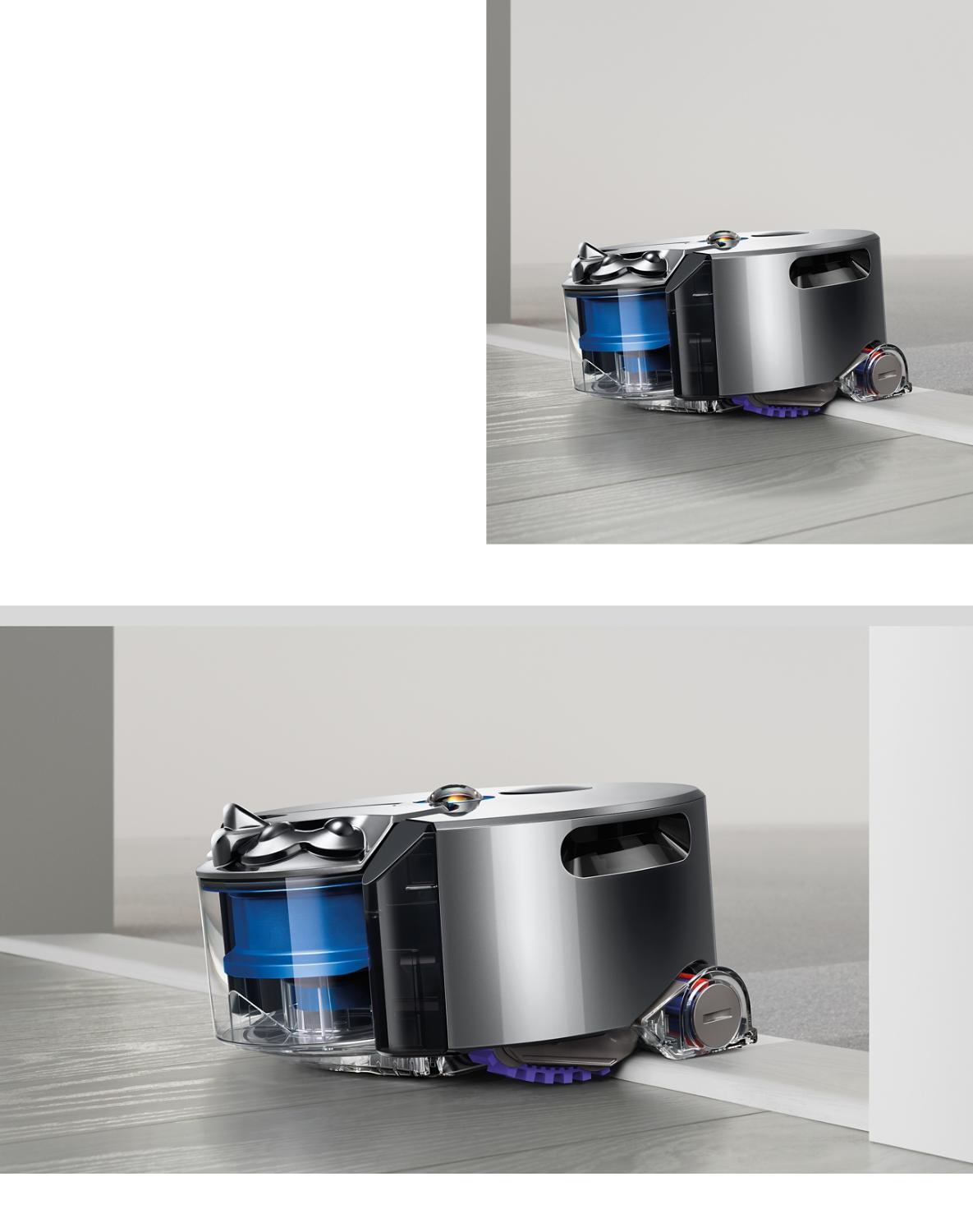 Aspirateur robot Dyson 360 Eye passant un seuil pour se déplacer d’une pièce à l’autre.