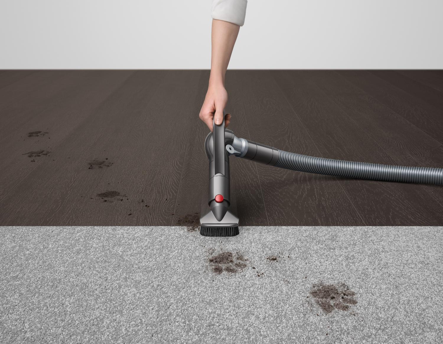 Quick-release stiff bristle brush cleaning away a footprint