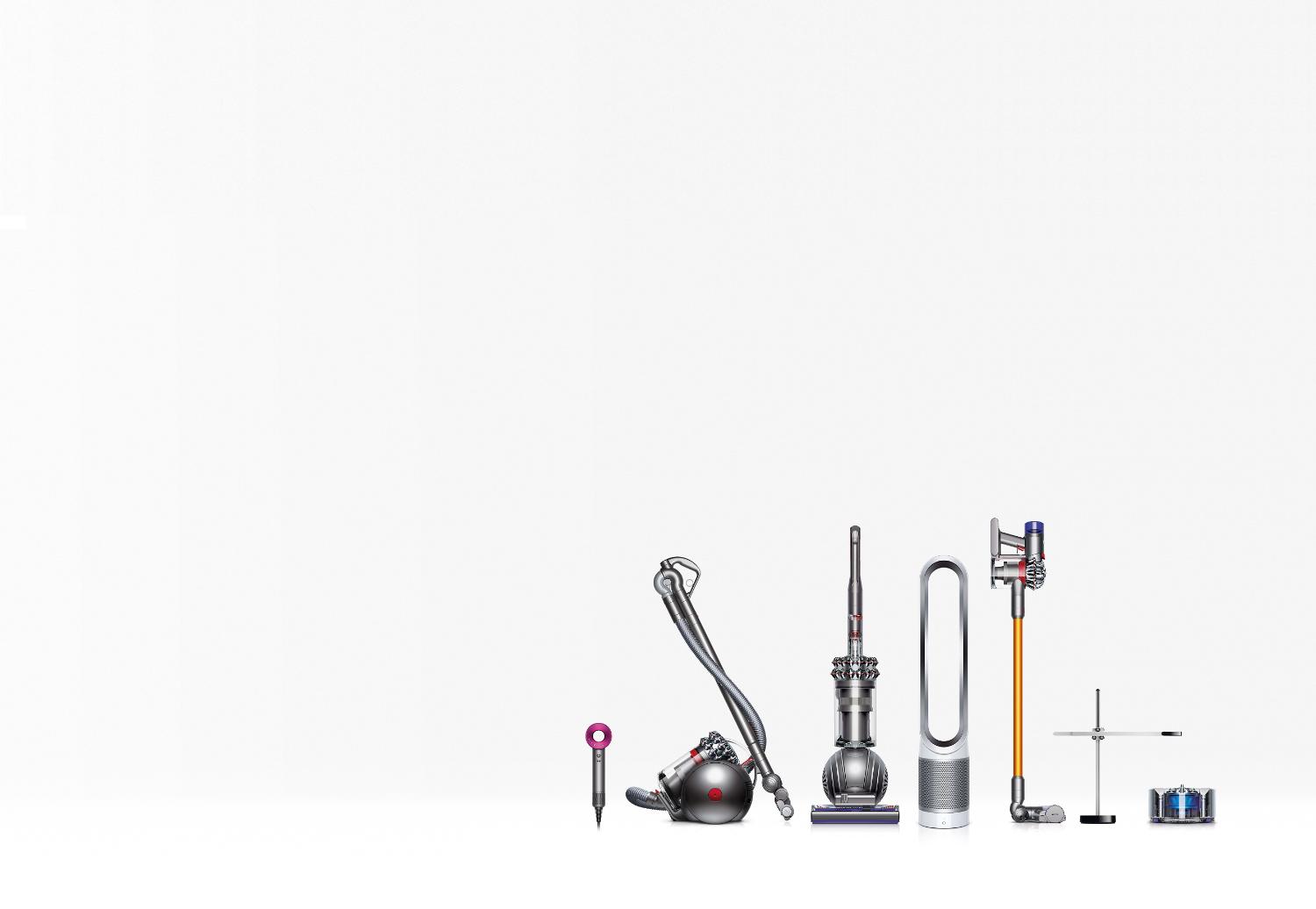 Eine Reihe von Dyson-Produkten, die vor einem weißen Hintergrund dargestellt werden.