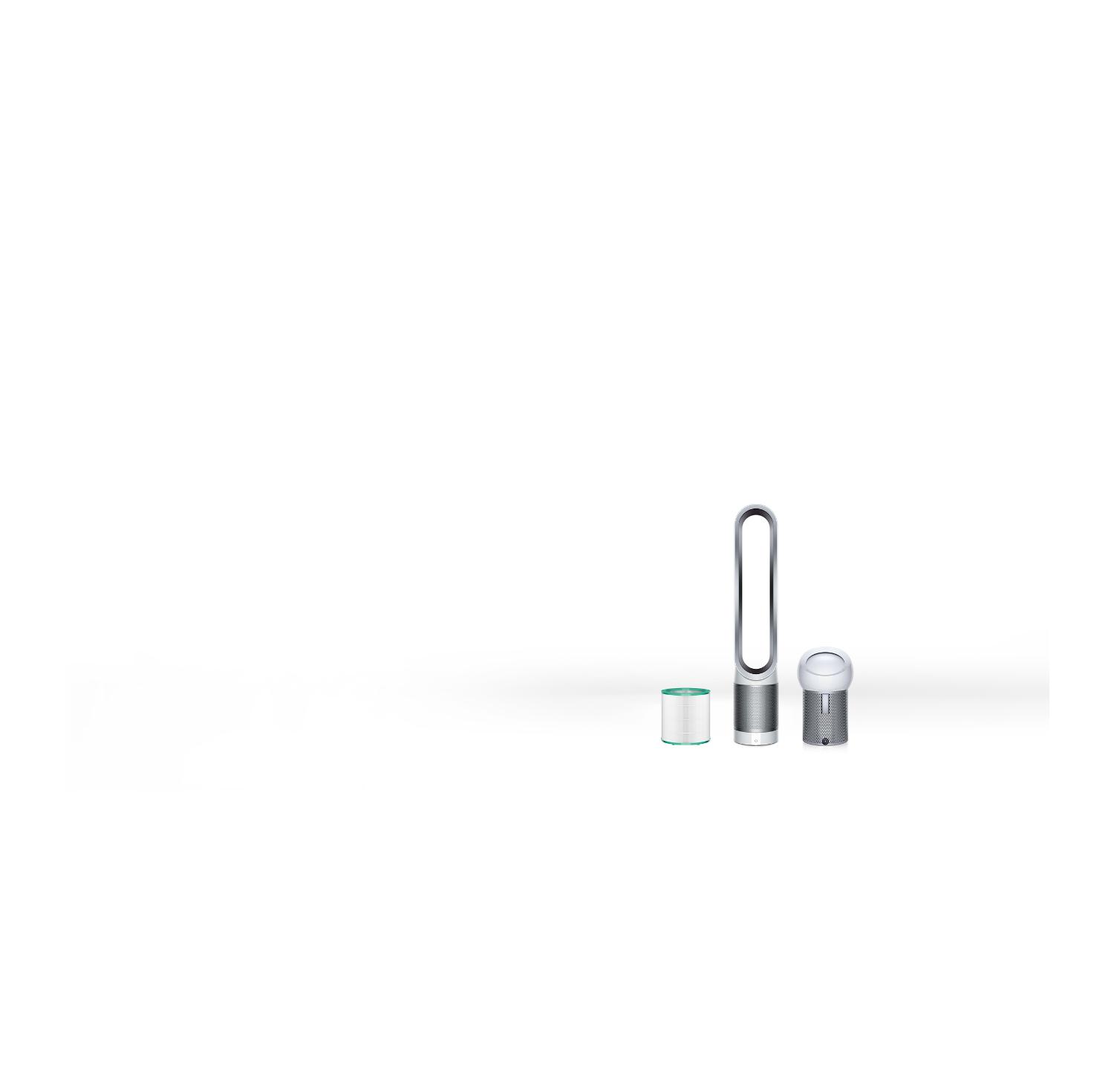 A Dyson purifier range in a row including a filter