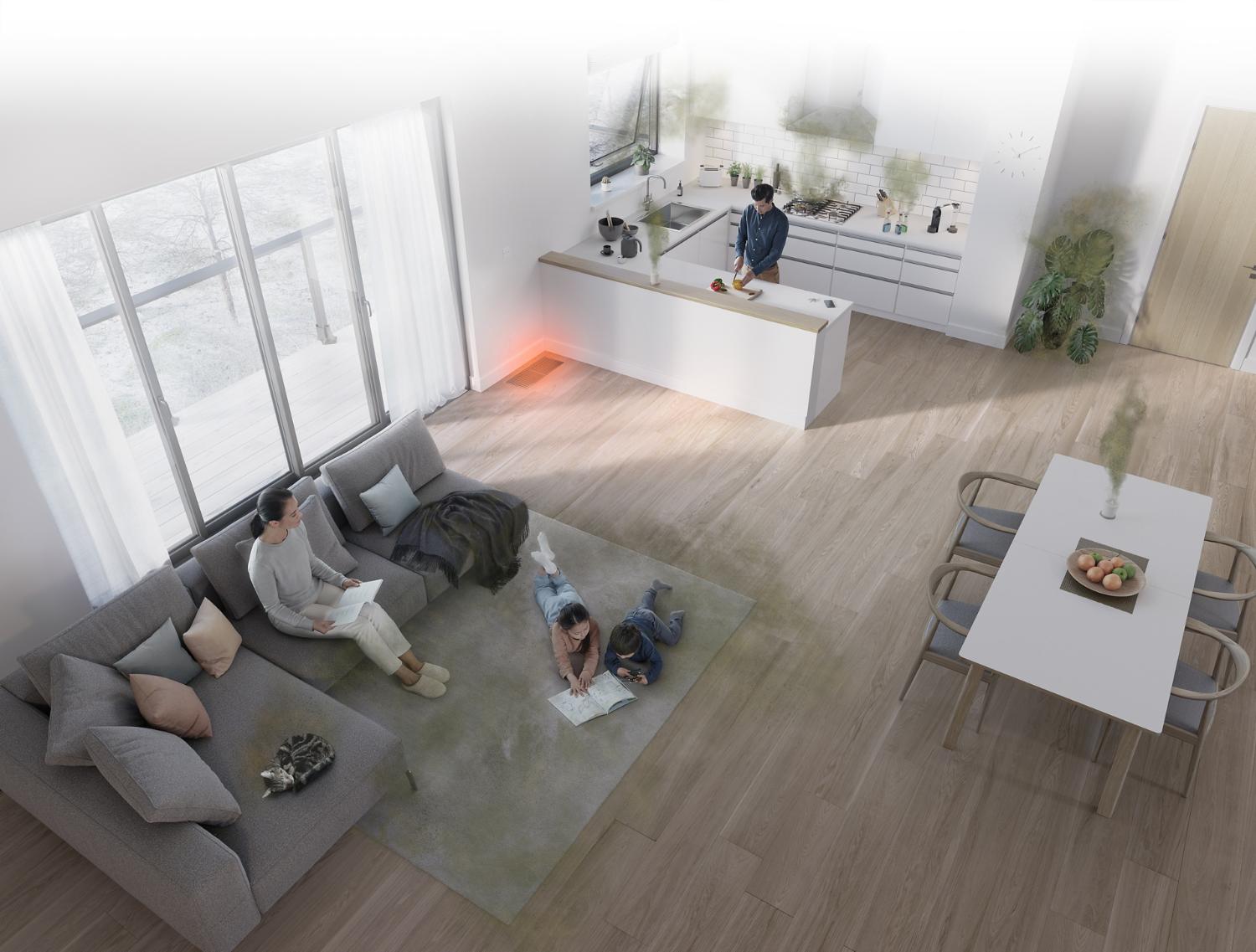 Everyday objects like furniture and the stove release pollutants represented by green plumes