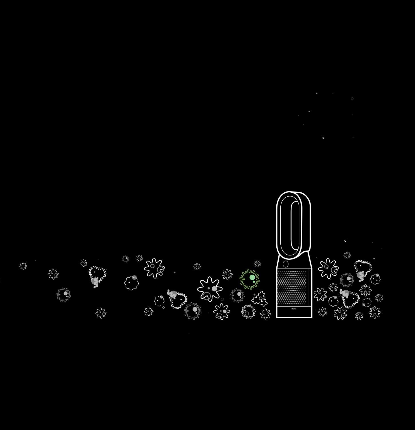 Line drawing of germs from a sneeze being pulled into the filter of a Dyson Pure Cool air purifier
