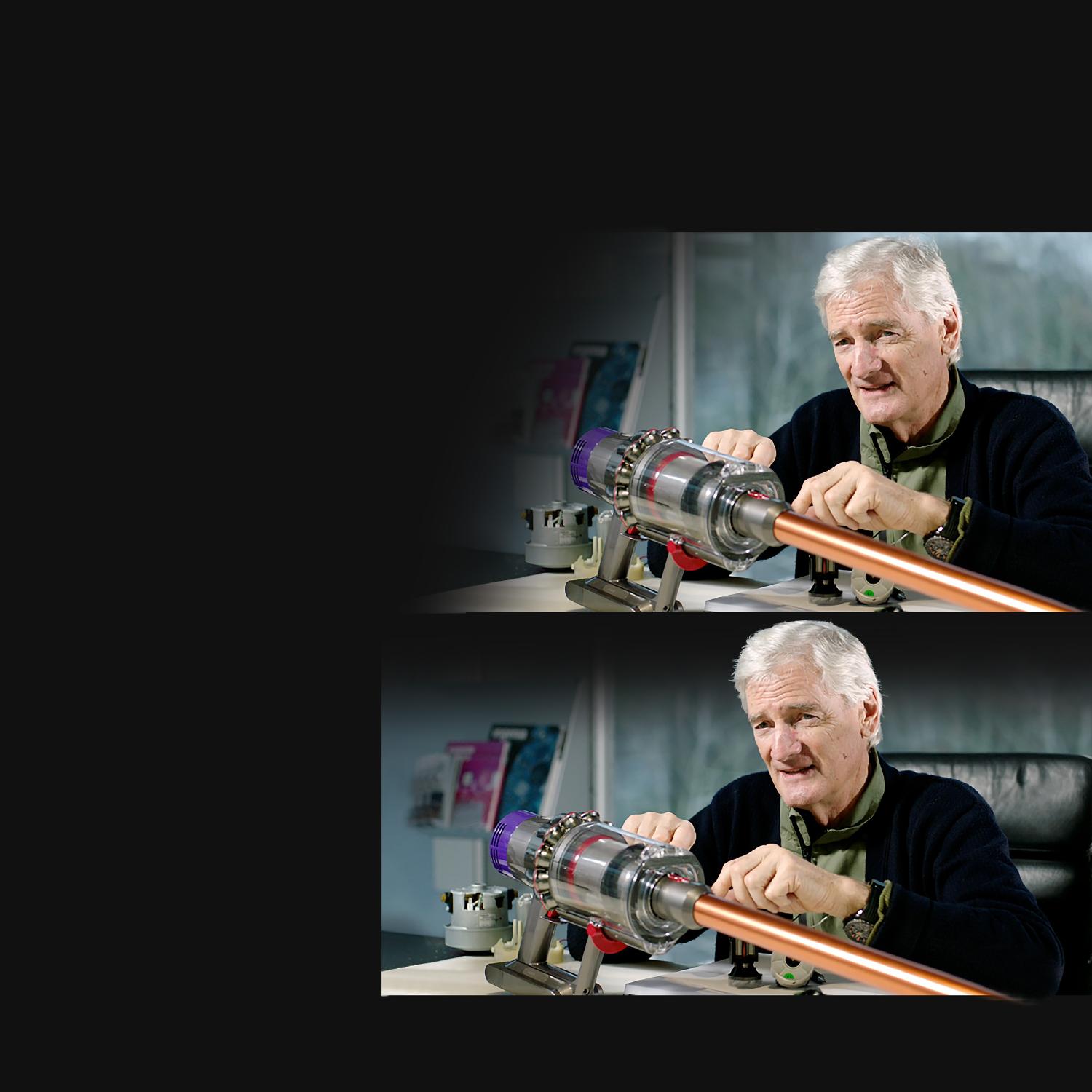 James Dyson holding Dyson Cyclone V10 cordless vacuum cleaner