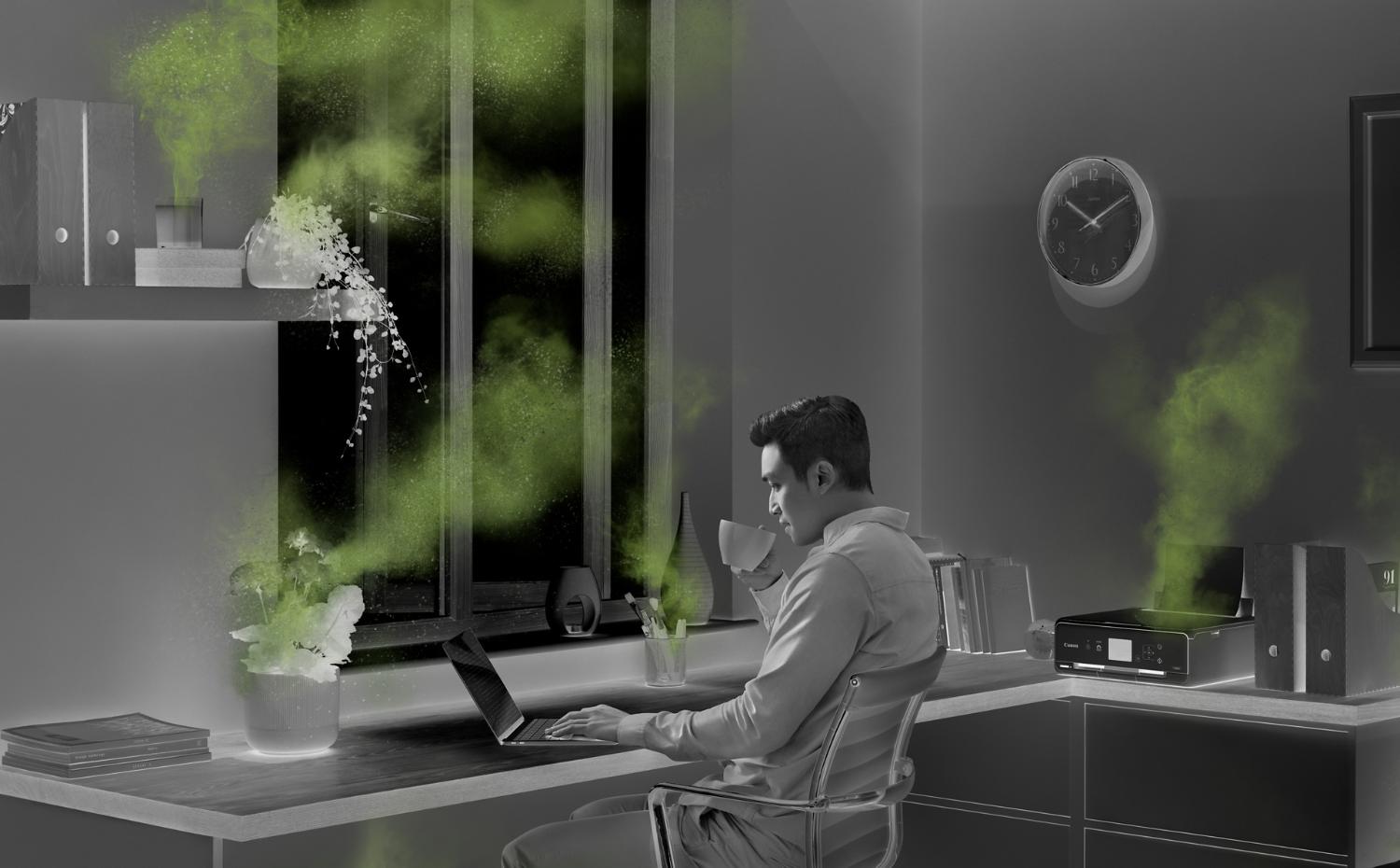 A woman in an office setting showing pollution in the air.