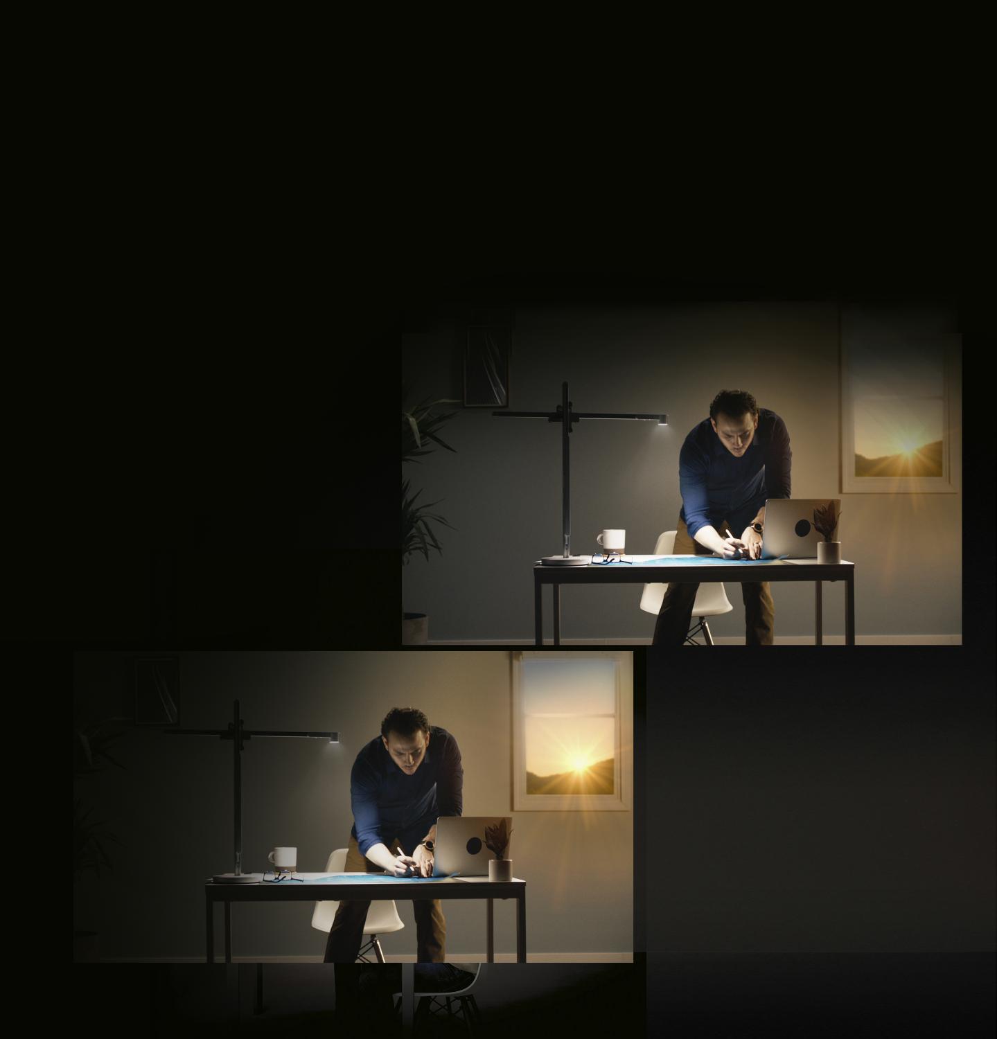 The Dyson Lightcycle™ task light adjusting with daylight outside a window