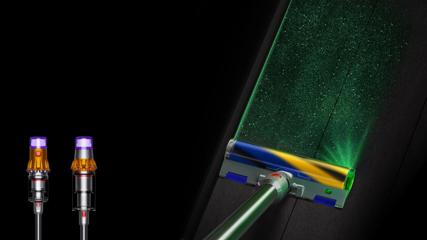 Zwei kabellose Staubsauger von Dyson und eine Nahaufnahme der Lasertechnologie