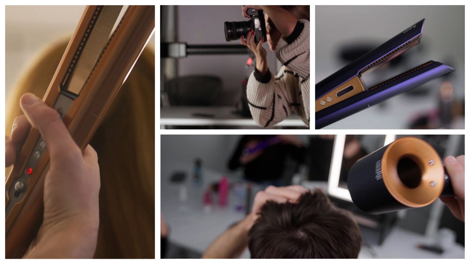 Model and stylists using Dyson Supersonic hairdryer flyaway attachment to create a sleek low pony tail