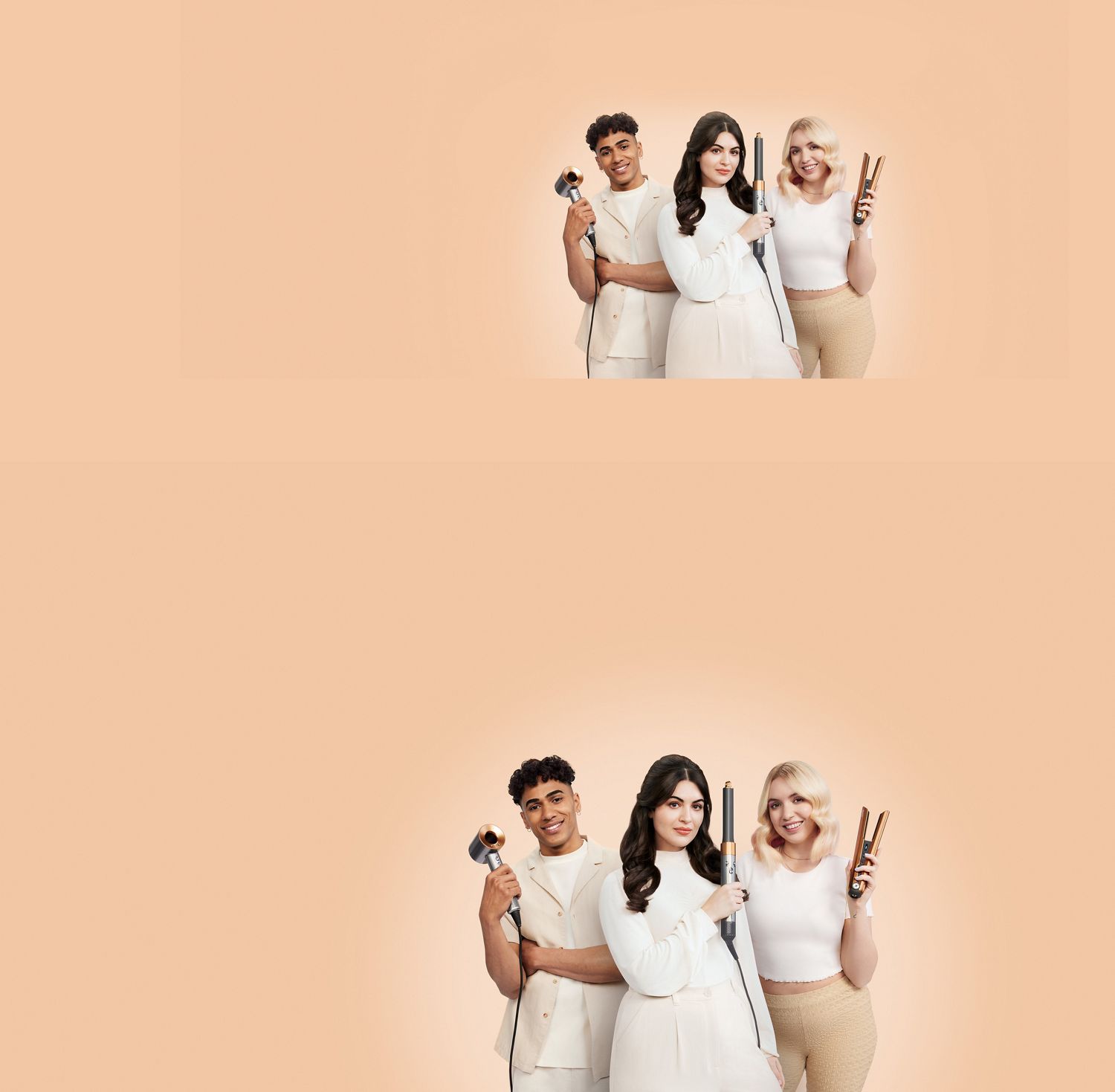 Dyson Corrale Haarglätter, Dyson Airwrap Multi-Haarstyler und Dyson Supersonic Haartrockner liegen nebeneinander