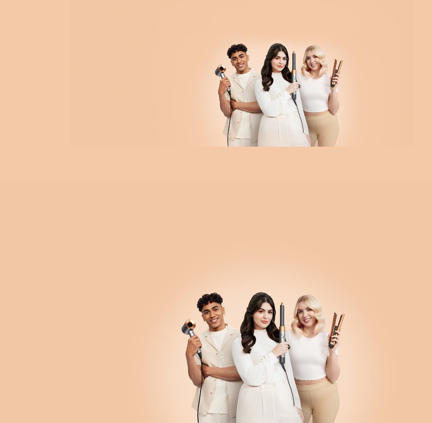 Three young people posing with Dyson hair care technology
