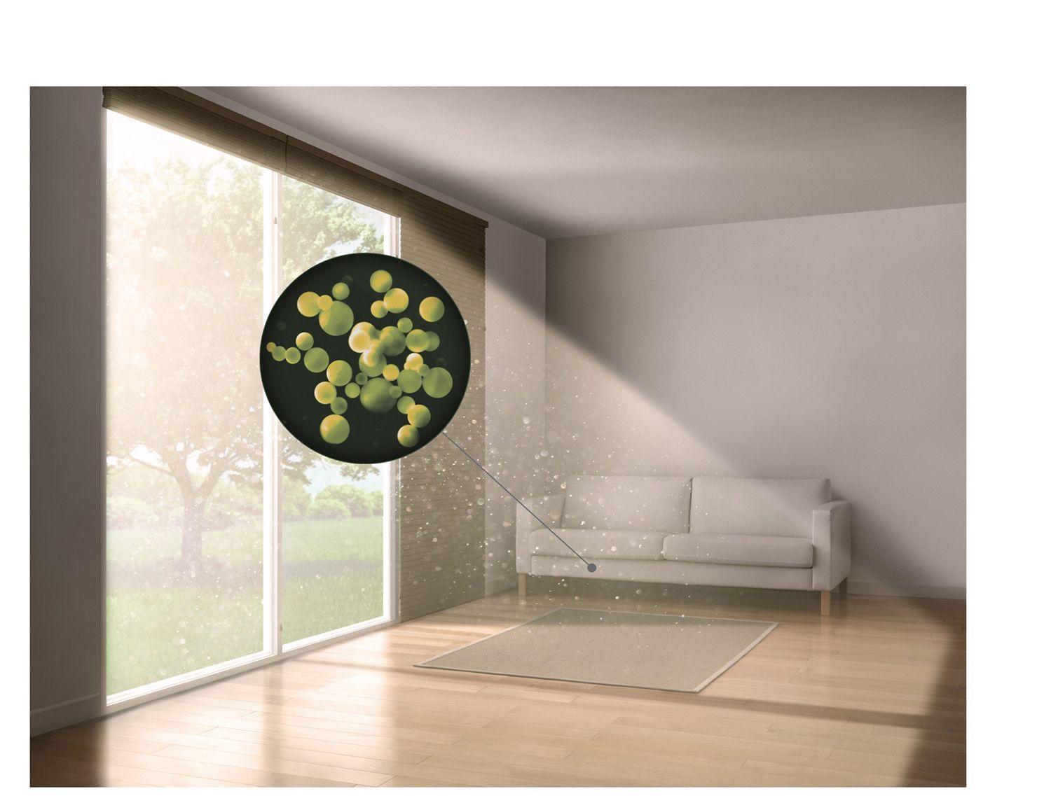 Extreme close-up of a house dust particle against a lounge backdrop