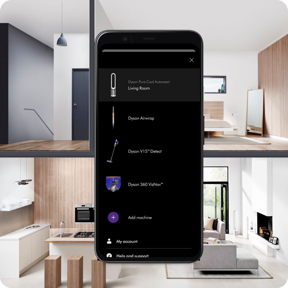 Smartphone displaying the app interface against a modern, minimalist home interior backdrop.