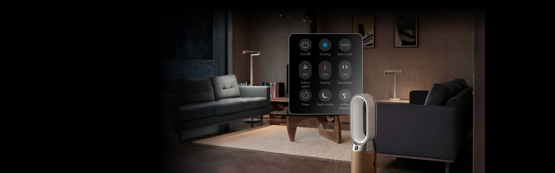 Dyson purifier in a living room with a screen over the top which mimics the options of the remote control from the MyDyson app.