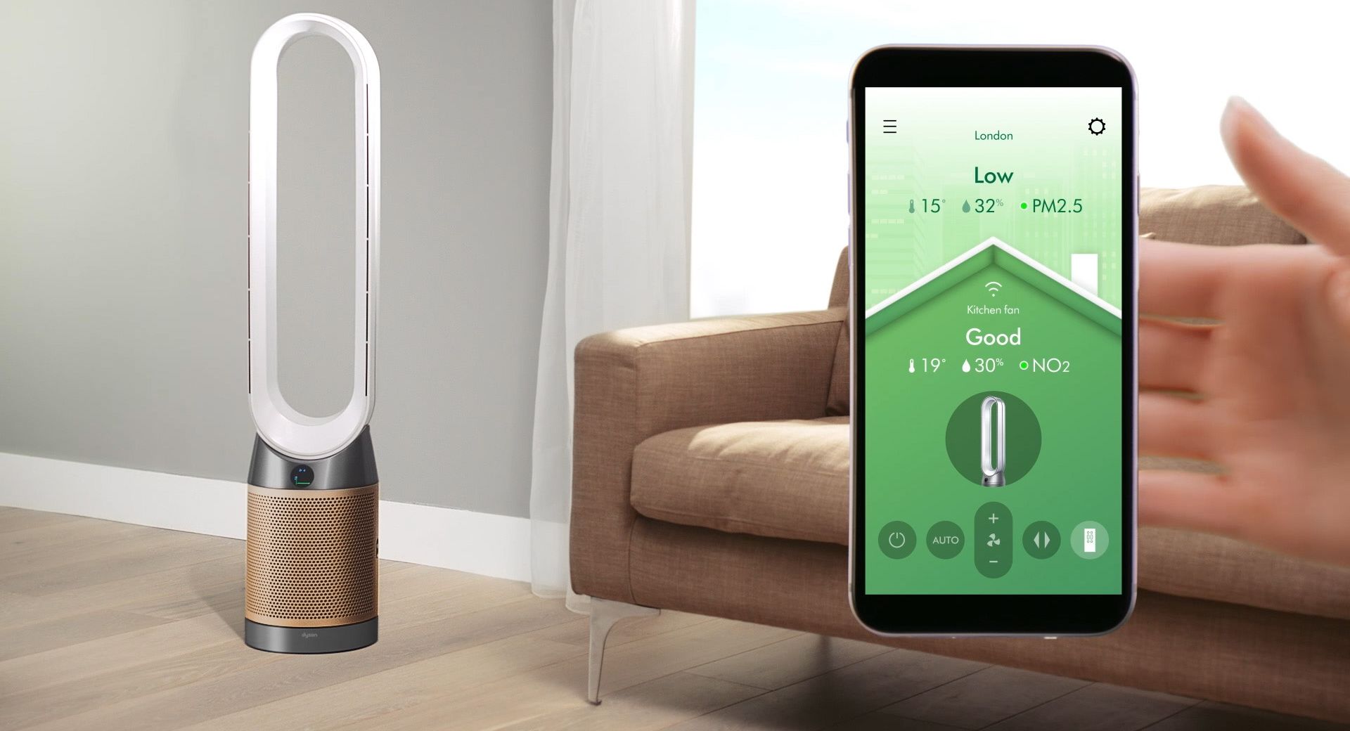 A Dyson air purifier in a modern living room with a smartphone displaying real-time air quality data and remote control options in the app.