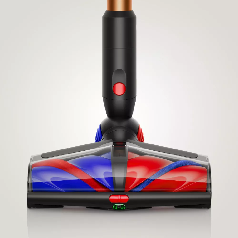 Dyson All Floor Cones Sense cleaner head on a Dyson cordless vacuum.