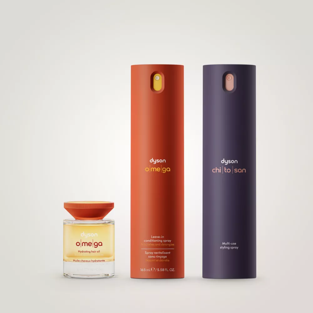 Dyson Chitosan multi-use styling spray and the Dyson Omega nourishing range.