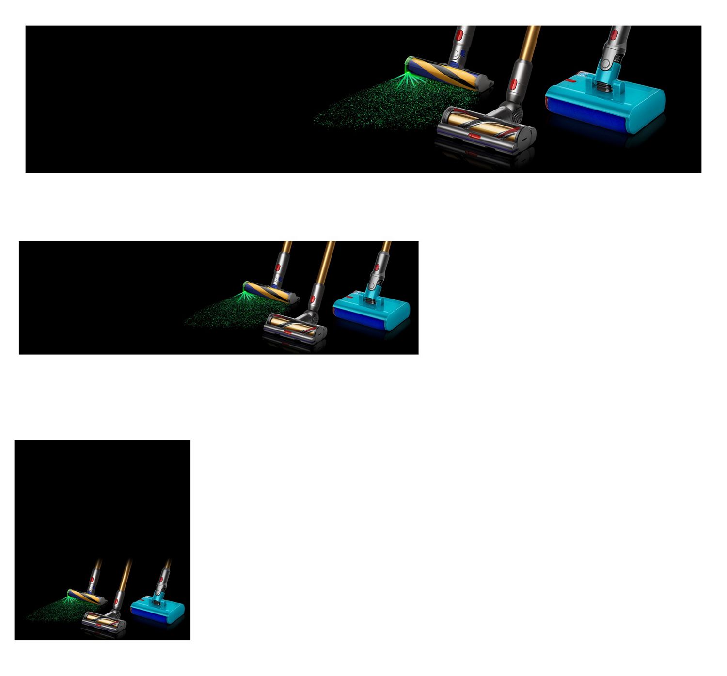 Trois aspirateurs Dyson différents présentés de face, en rangée.