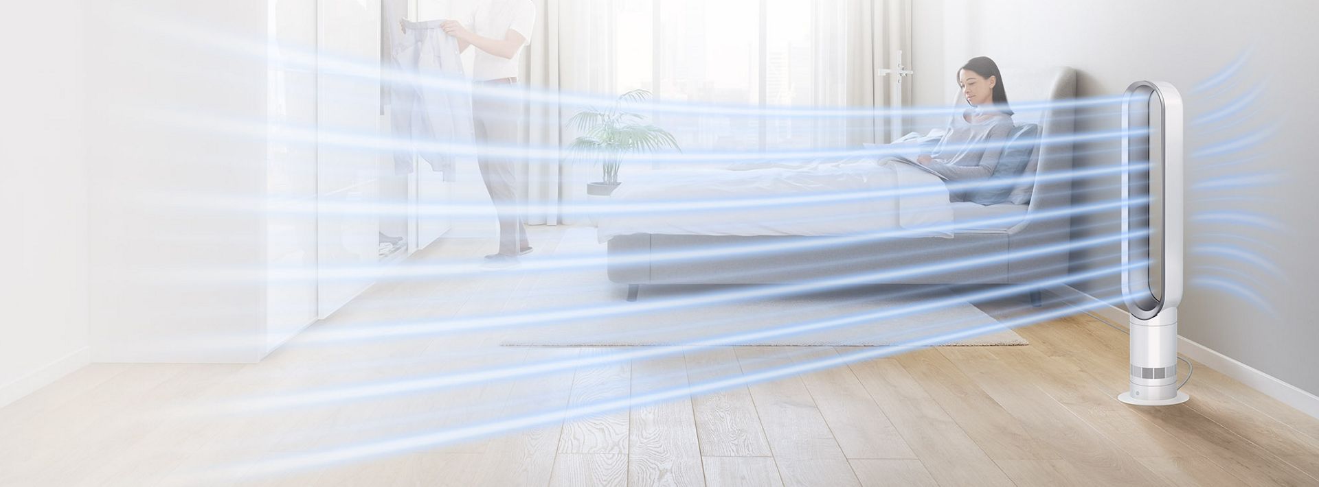 Image montrant un ventilateur à colonne Dyson Cool dans une pièce. 