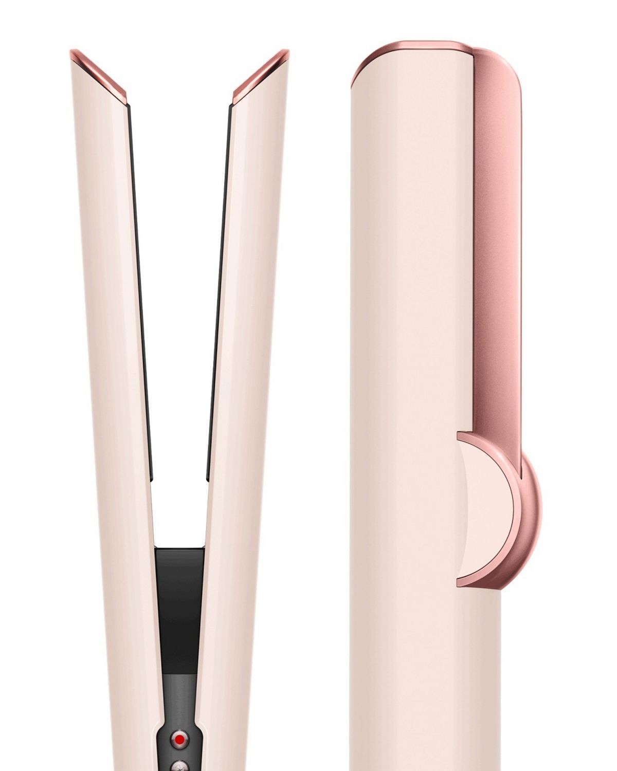 The Dyson Airstrait straightener in Ceramic Pink/Rose Gold shown front and side on.