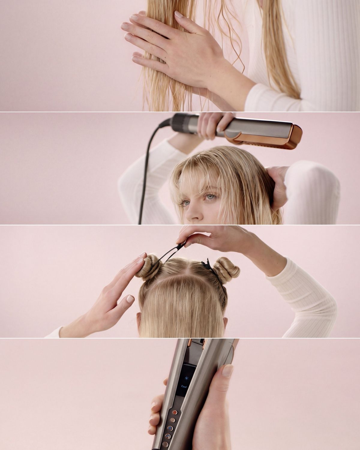 A gridSteps to styling hair with the Dyson Airstrait. Towel dry hair, then pre-dry roots with the machine. Section hair using hair clips and use the Cold shot to finish the look.