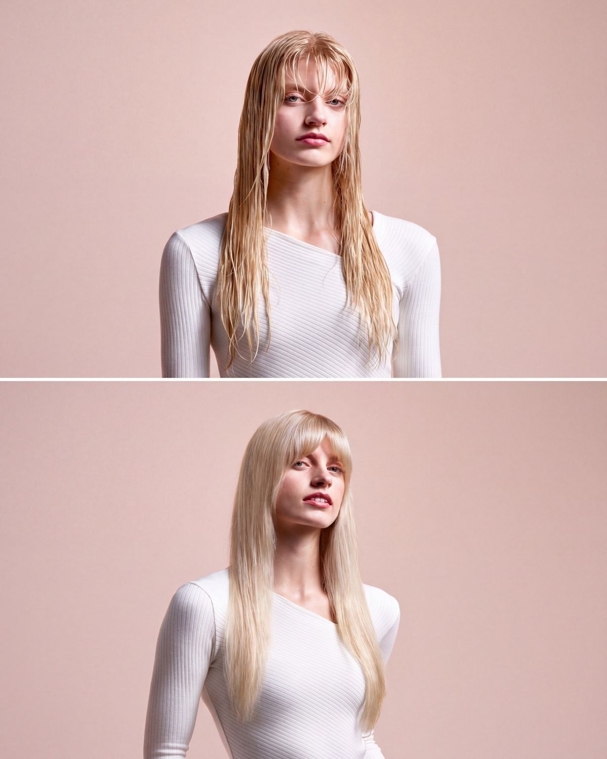 Before and after of a blonde model using the Dyson Airstrait straightener to style her hair from wet.