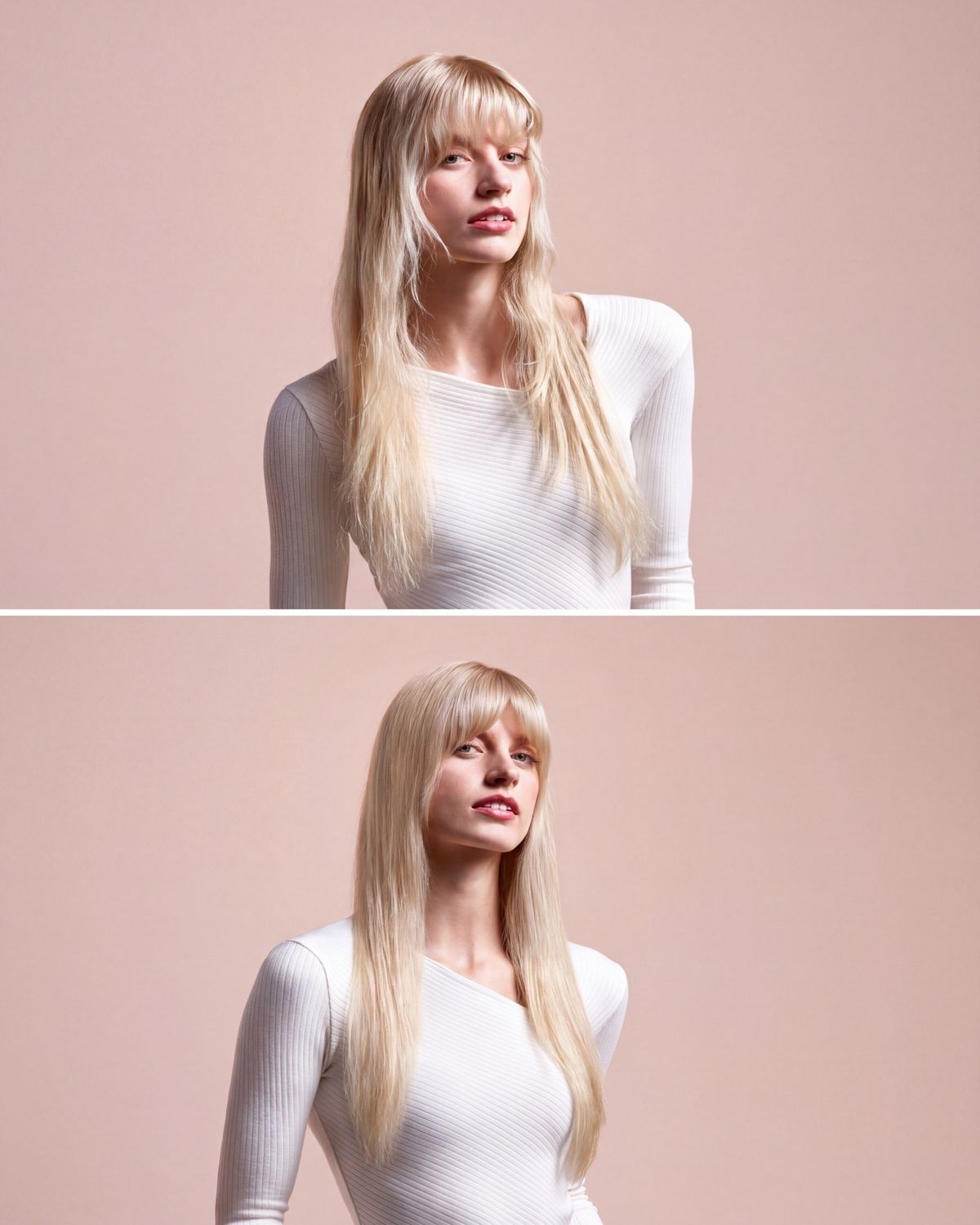 Before and after of a blonde model using the Dyson Airstrait straightener to refresh her hair.