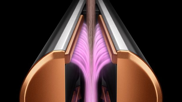 Kolları kilitli Dyson Airstrait saç düzleştirici. Hava akımının yönünü gösteren pembe grafik katmanları.
