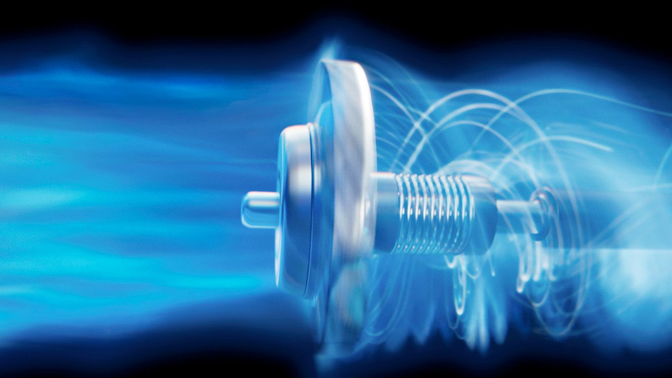 Le moteur Hyperdymium générant un flux d’air représenté en bleu vif. Le moteur Hyperdymium générant un flux d’air représenté en bleu vif.