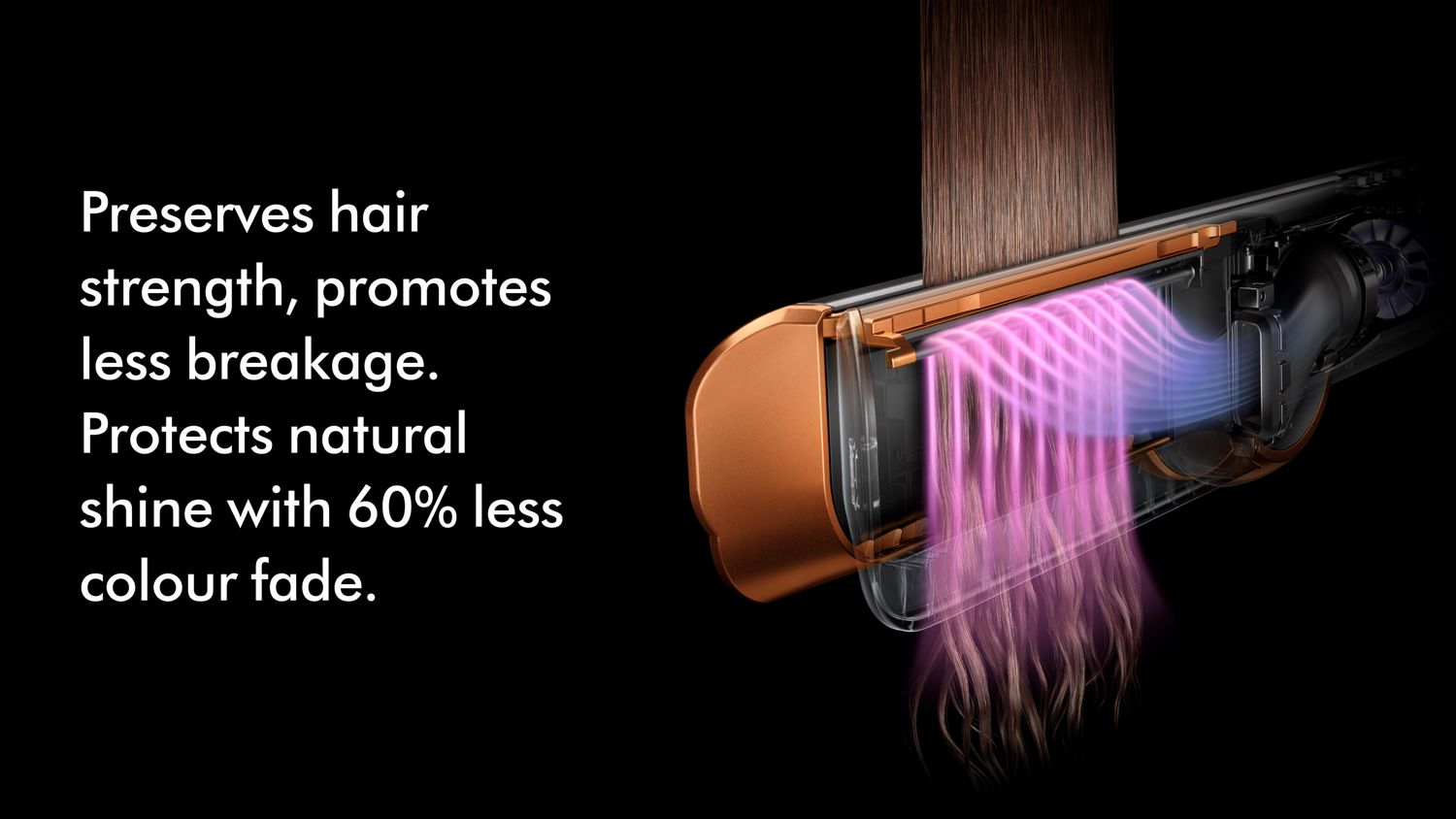 Cutaway graphic showing how air is shaped by the Dyson Airstrait to straighten hair without extreme heat.