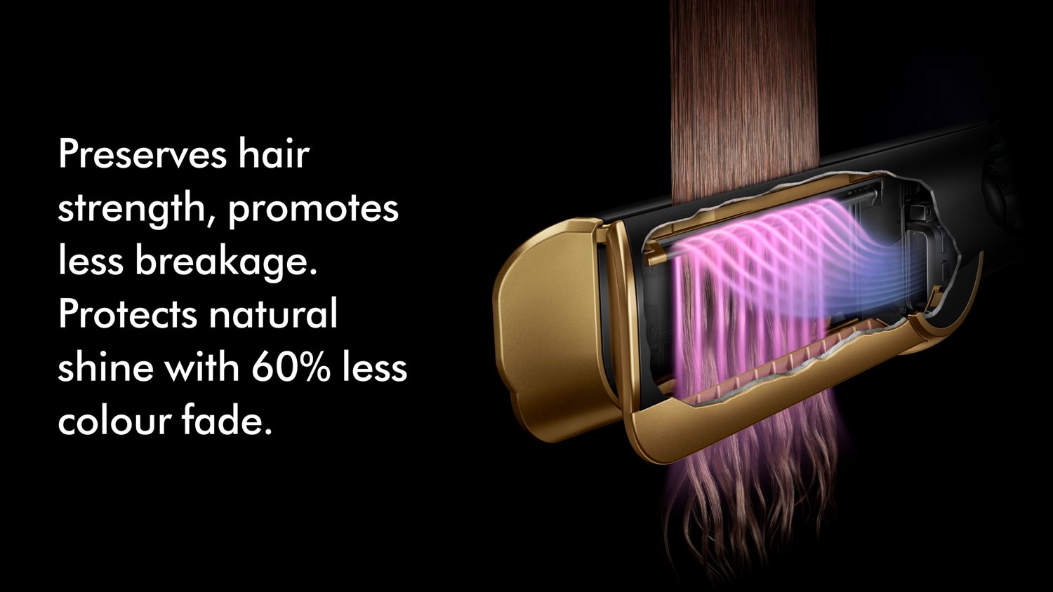 Cutaway graphic showing how air is shaped by the Dyson Airstrait to straighten hair without extreme heat.