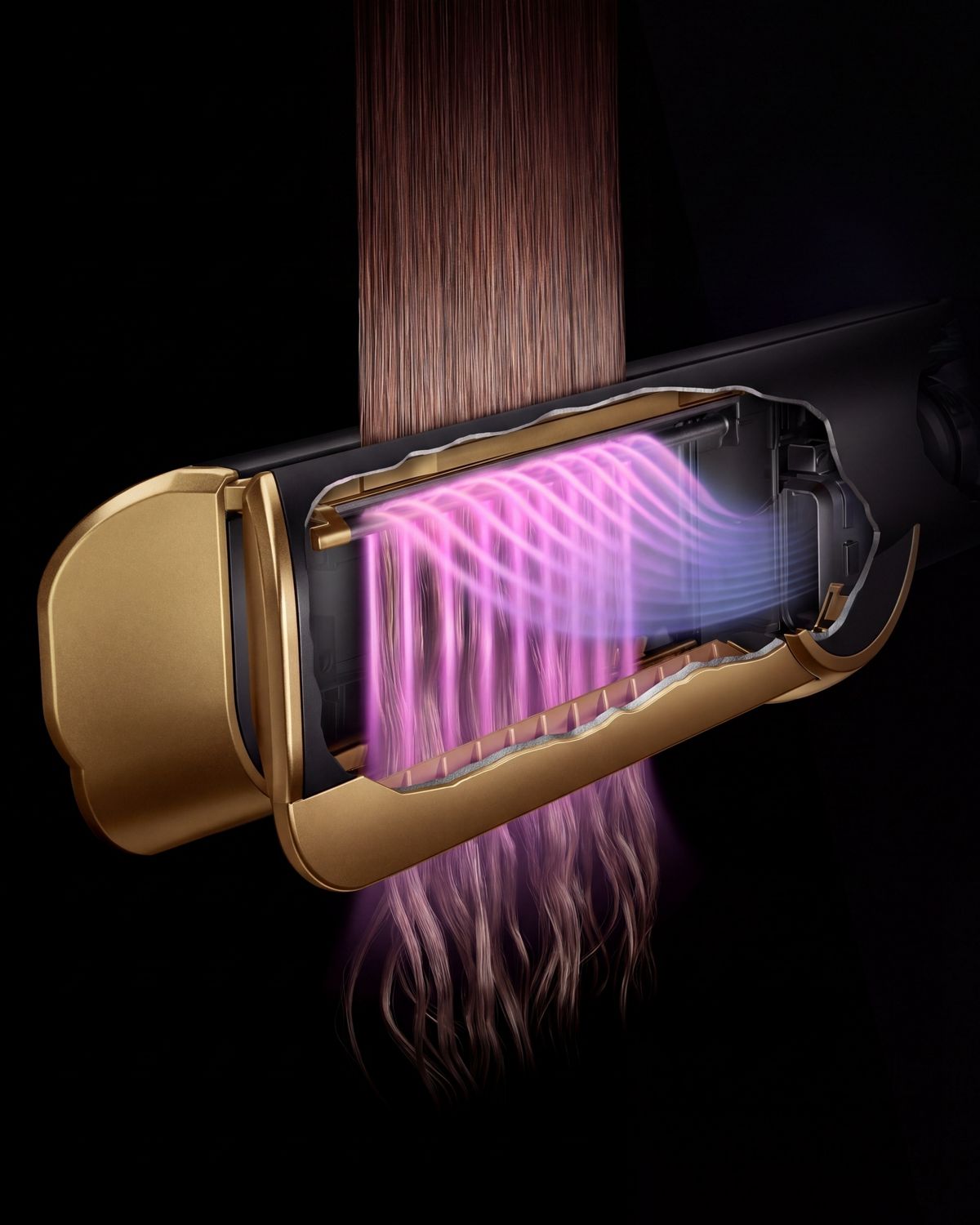 Cutaway graphic showing how air is shaped by the Dyson Airstrait to straighten hair without extreme heat.